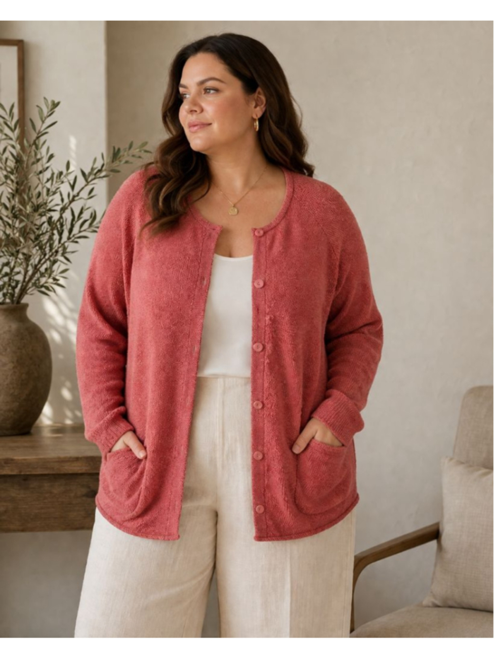 Eileen Fisher Woman 3X Silk Rayon Knit Cardigan Pink Coral Pocket Sweater